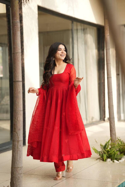 Aurevia Scarlet Red Organza Kurta Set with Dupatta
