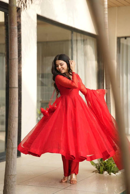 Aurevia Scarlet Red Organza Kurta Set with Dupatta