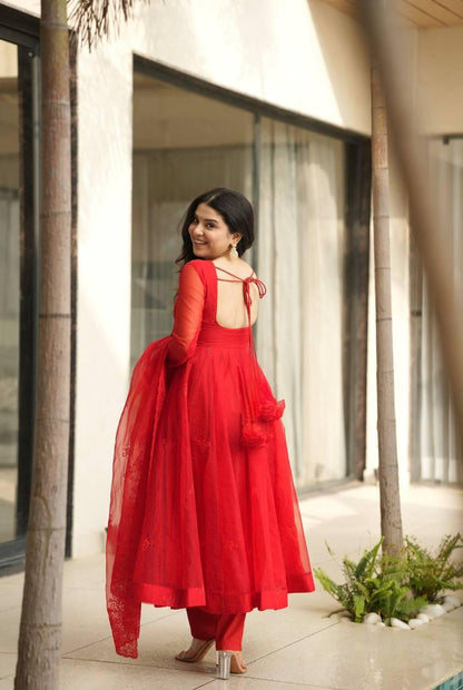 Aurevia Scarlet Red Organza Kurta Set with Dupatta
