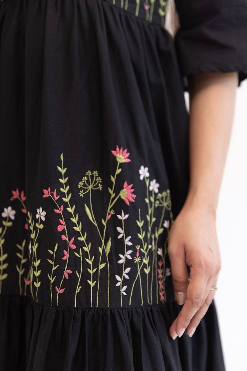 Aurevia Midnight Black Embroidered Crepe Tiered Gown
