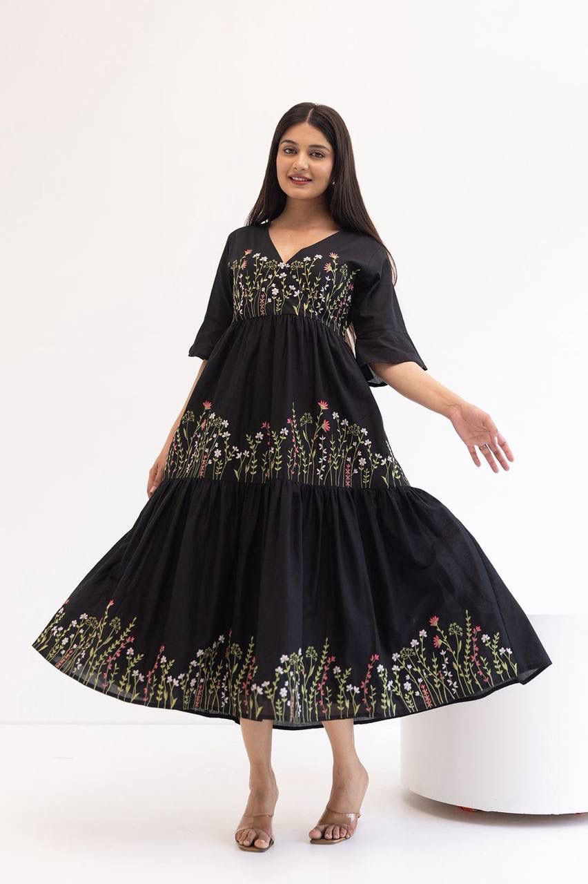 Aurevia Midnight Black Embroidered Crepe Tiered Gown