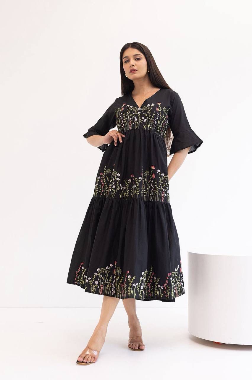 Aurevia Midnight Black Embroidered Crepe Tiered Gown