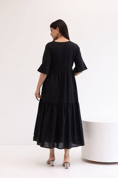 Aurevia Midnight Black Embroidered Crepe Tiered Gown