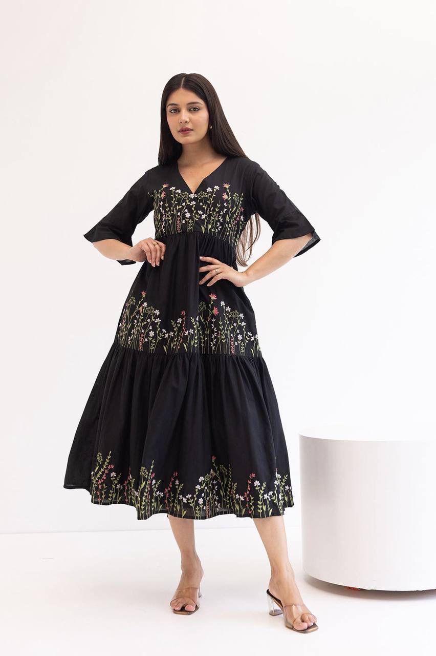 Aurevia Midnight Black Embroidered Crepe Tiered Gown