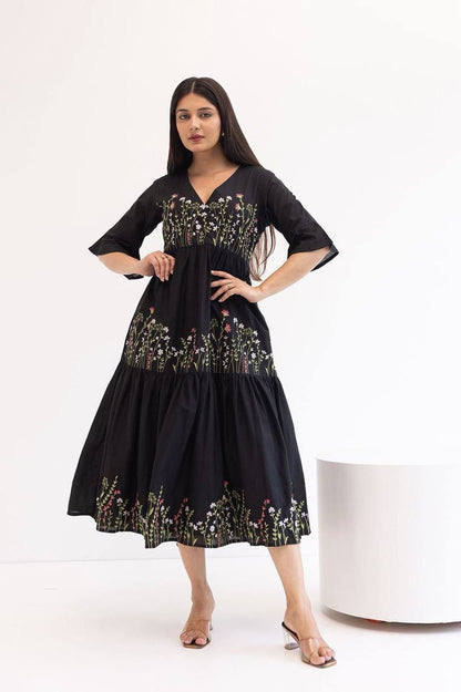 Aurevia Midnight Black Embroidered Crepe Tiered Gown