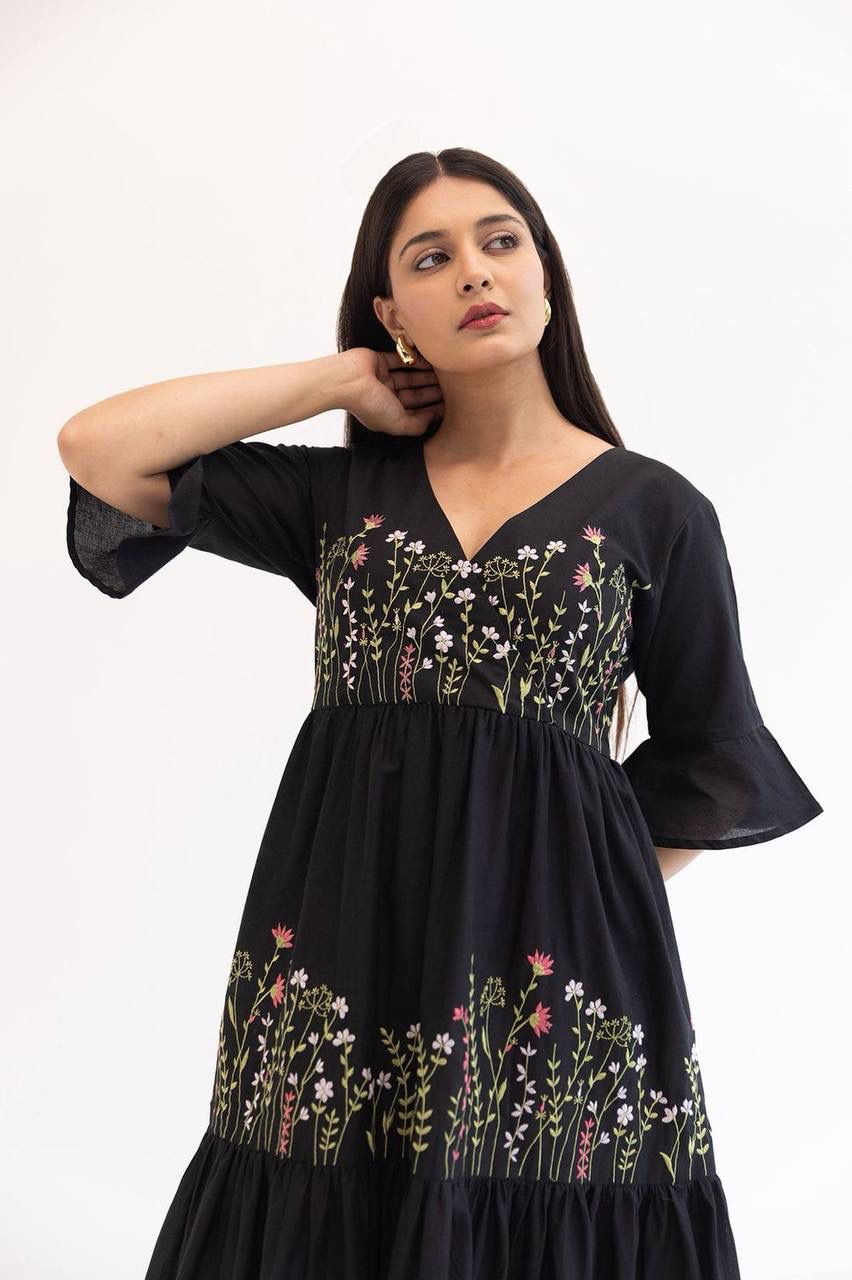 Aurevia Midnight Black Embroidered Crepe Tiered Gown