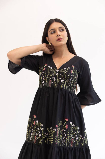 Aurevia Midnight Black Embroidered Crepe Tiered Gown