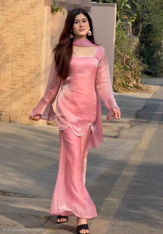Aurevia Blush Pink Satin Kurta Set with Sheer Dupatta