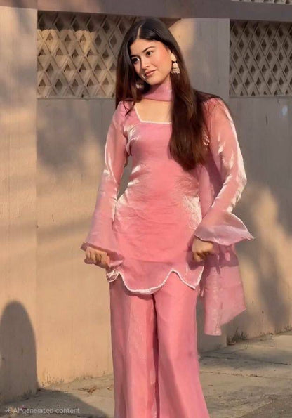 Aurevia Blush Pink Satin Kurta Set with Sheer Dupatta