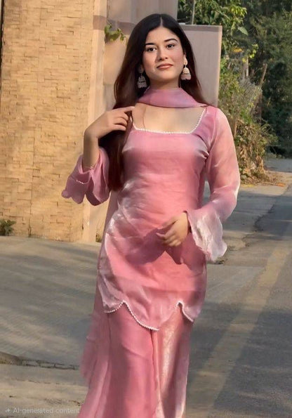 Aurevia Blush Pink Satin Kurta Set with Sheer Dupatta