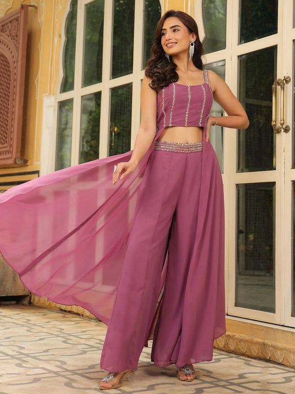 Aurevia Mauve Georgette Crop Top & Palazzo Set
