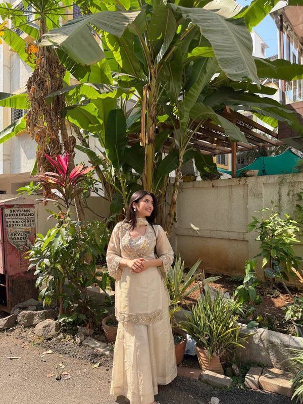 Aurevia Champagne Beige Embroidered Sharara Set for Women