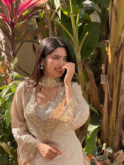 Aurevia Champagne Beige Embroidered Sharara Set for Women