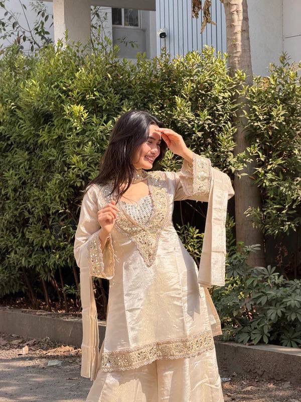 Aurevia Champagne Beige Embroidered Sharara Set for Women