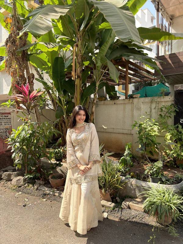 Aurevia Champagne Beige Embroidered Sharara Set for Women