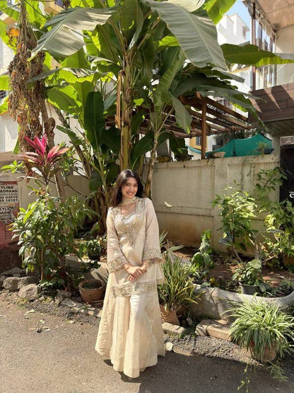 Aurevia Champagne Beige Embroidered Sharara Set for Women