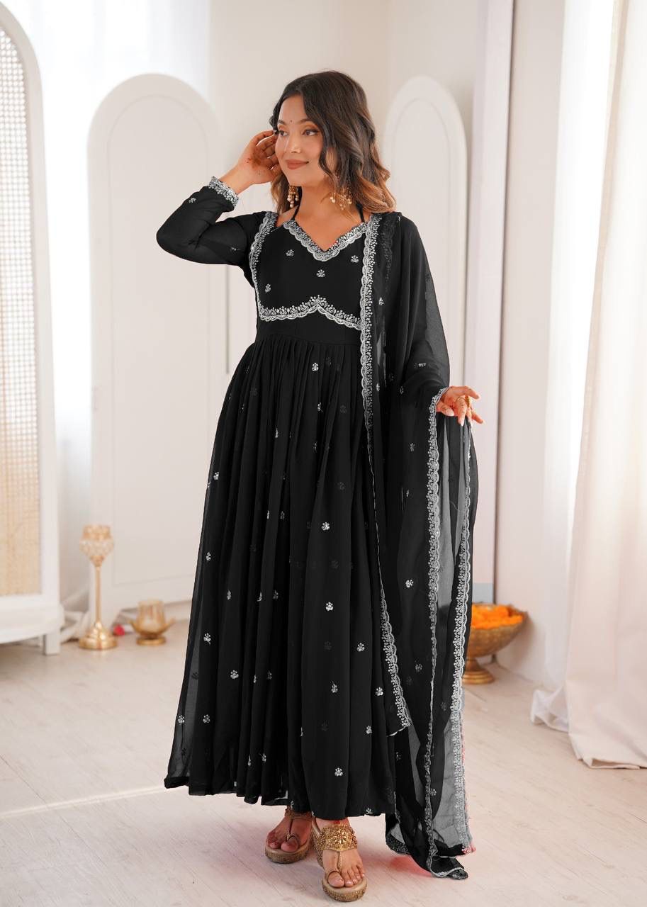 Aurevia Midnight Black Embroidered Georgette Anarkali Set