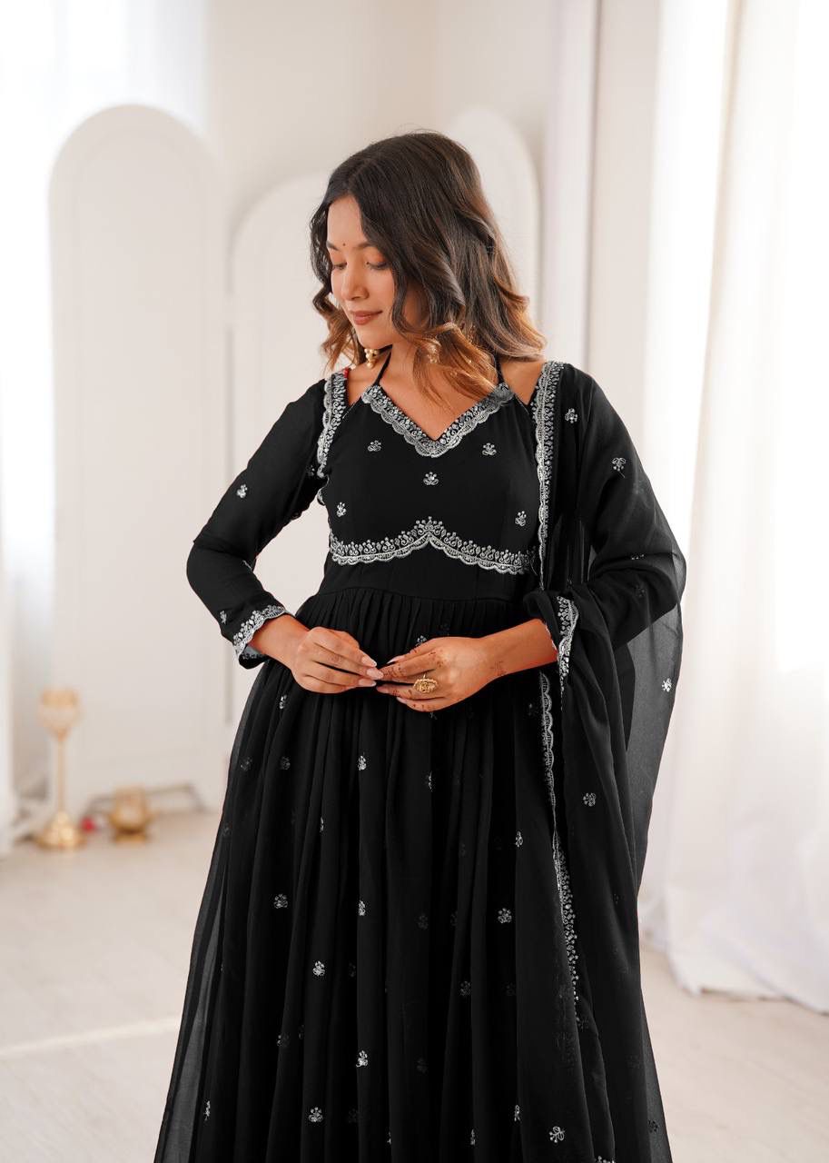 Aurevia Midnight Black Embroidered Georgette Anarkali Set
