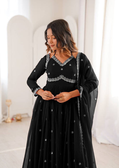 Aurevia Midnight Black Embroidered Georgette Anarkali Set