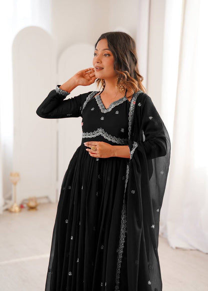 Aurevia Midnight Black Embroidered Georgette Anarkali Set