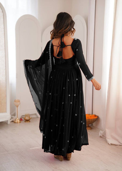Aurevia Midnight Black Embroidered Georgette Anarkali Set