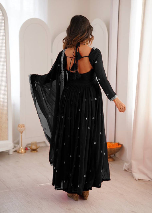 Aurevia Midnight Black Embroidered Georgette Anarkali Set