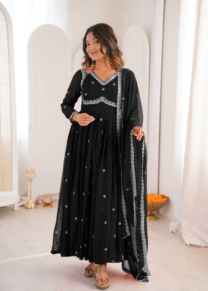 Aurevia Midnight Black Embroidered Georgette Anarkali Set