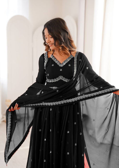 Aurevia Midnight Black Embroidered Georgette Anarkali Set