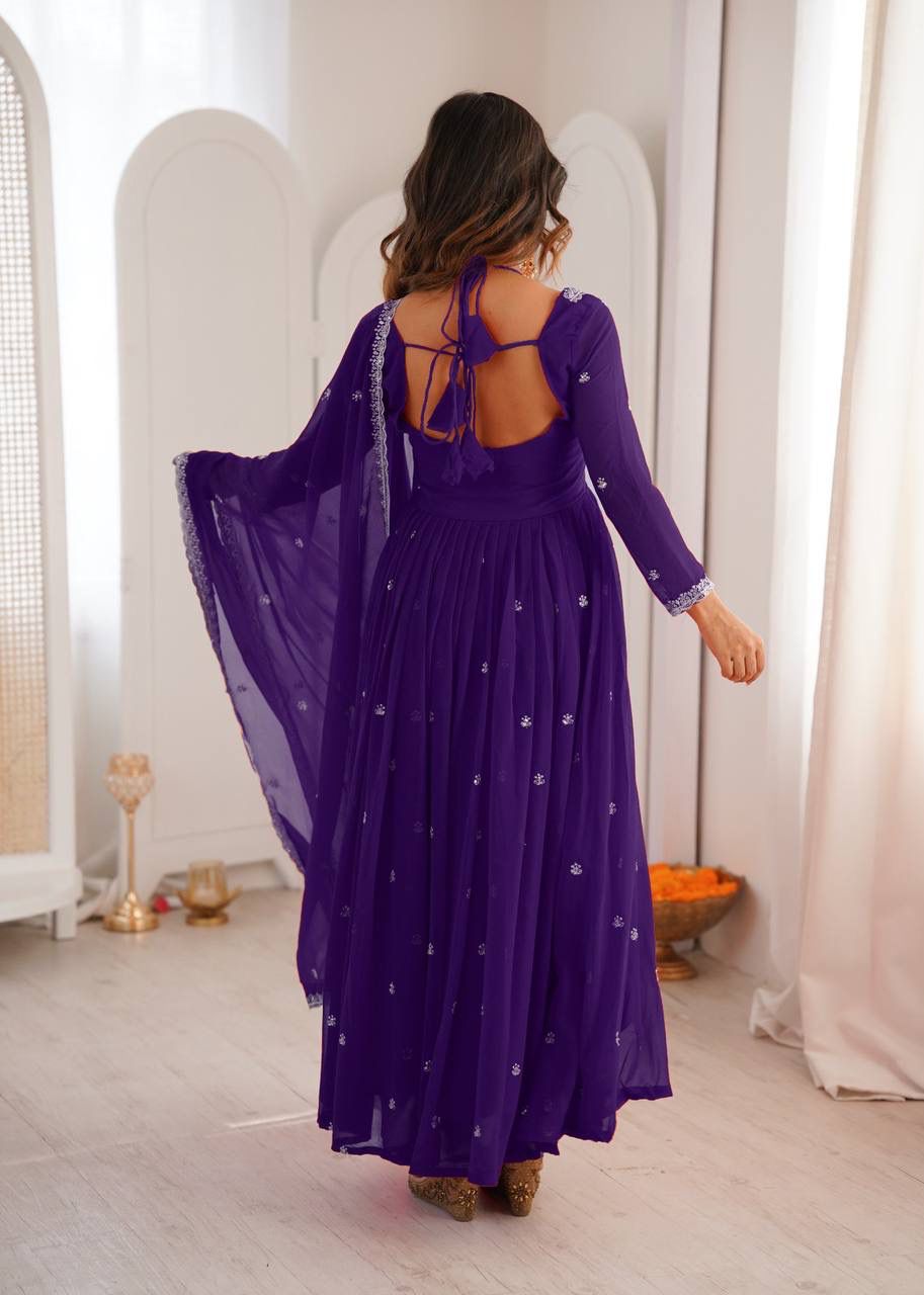 Aurevia Royal Purple Georgette Embroidered Anarkali Suit Set
