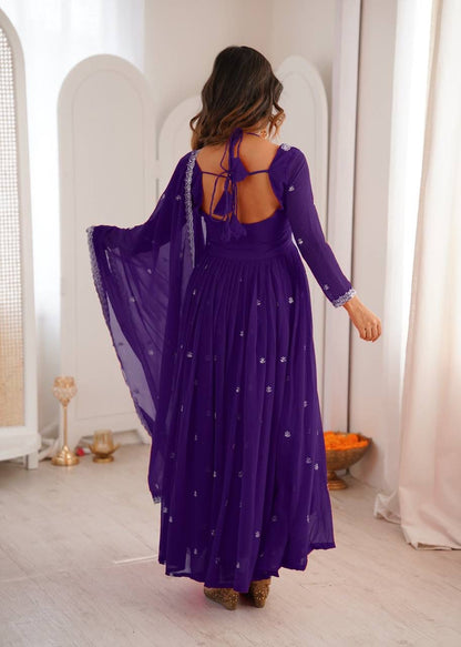 Aurevia Royal Purple Georgette Embroidered Anarkali Suit Set