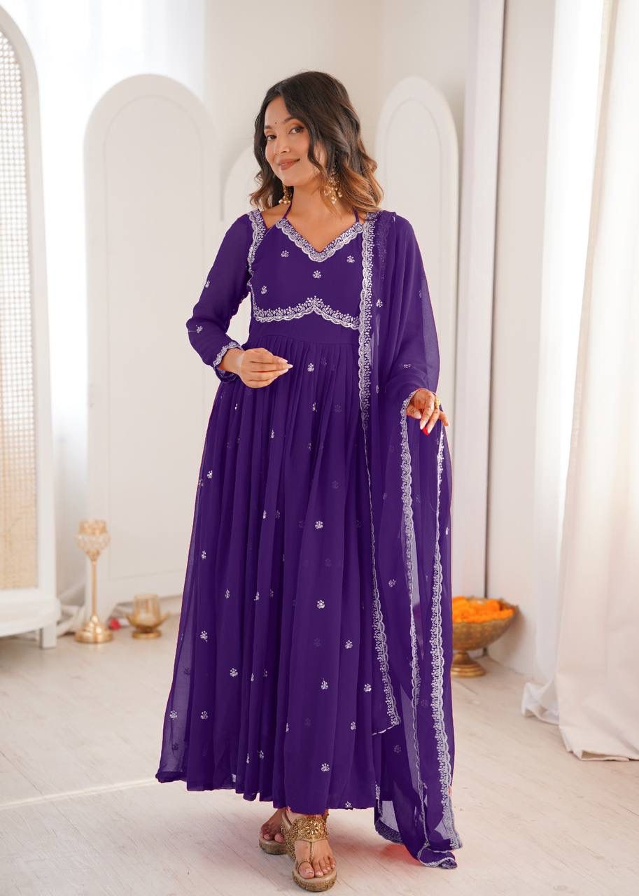 Aurevia Royal Purple Georgette Embroidered Anarkali Suit Set