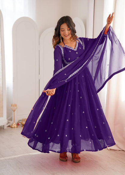 Aurevia Royal Purple Georgette Embroidered Anarkali Suit Set