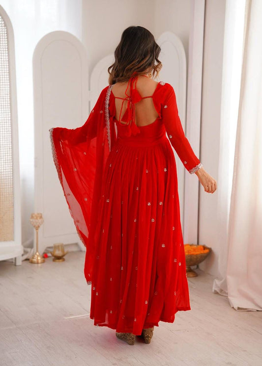 Aurevia Ruby Red Georgette Anarkali Suit Set with Dupatta