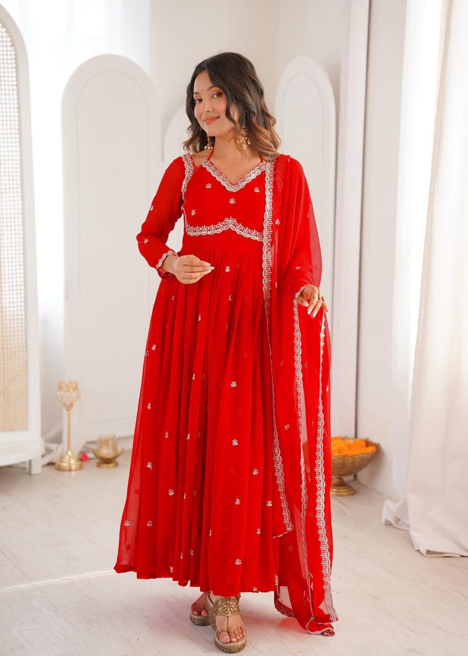 Aurevia Ruby Red Georgette Anarkali Suit Set with Dupatta