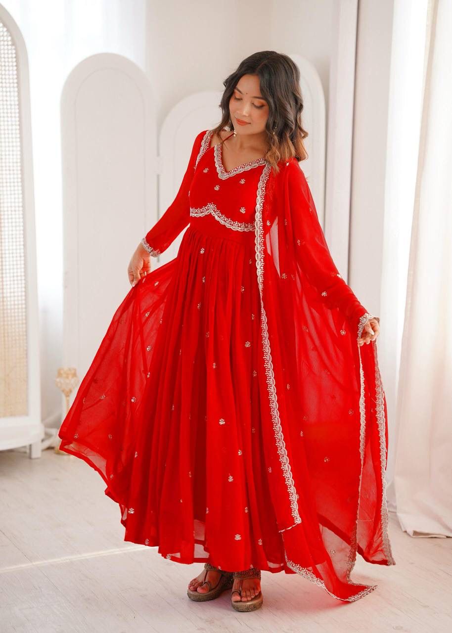 Aurevia Ruby Red Georgette Anarkali Suit Set with Dupatta