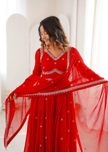 Aurevia Ruby Red Georgette Anarkali Suit Set with Dupatta