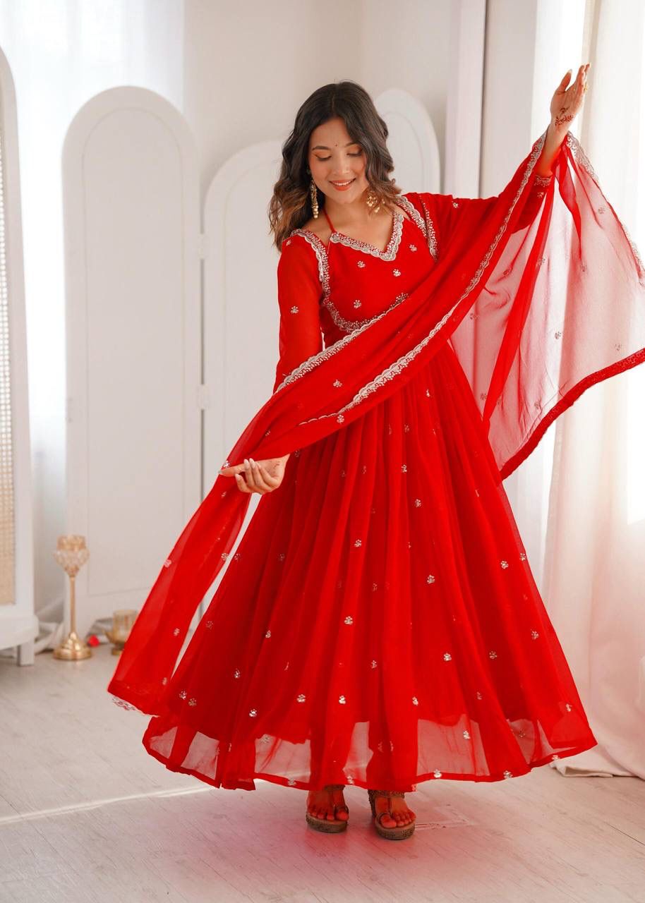 Aurevia Ruby Red Georgette Anarkali Suit Set with Dupatta