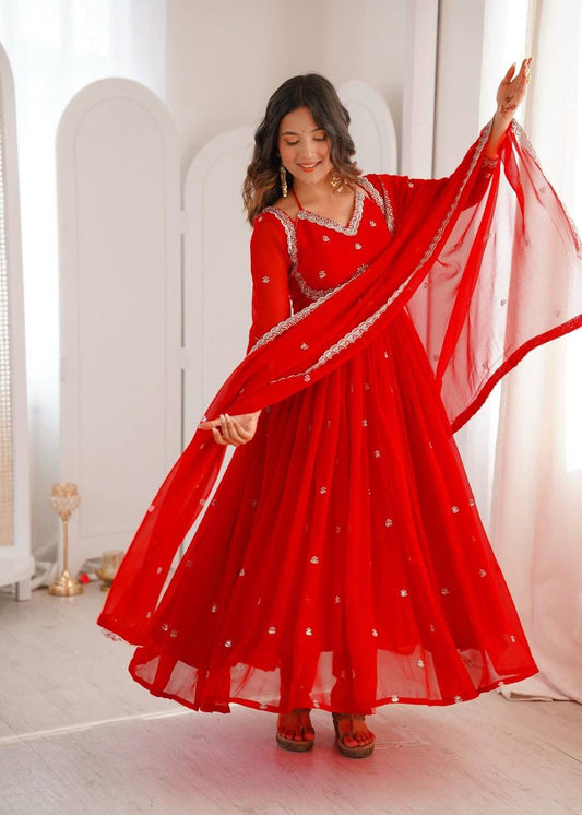 Aurevia Ruby Red Georgette Anarkali Suit Set with Dupatta