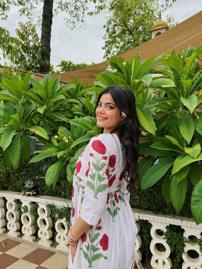 GOPIKA-White & Red flower Digital Print Gown