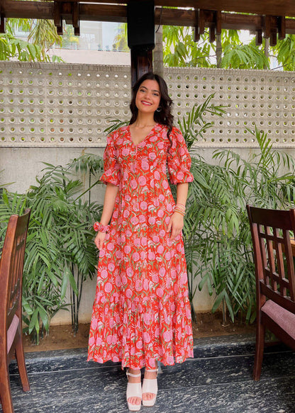 Aurevia Summer Tiered Maxi in Crimson Floral