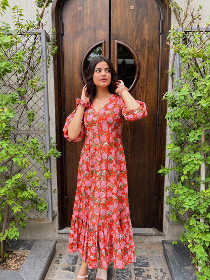 Aurevia Summer Tiered Maxi in Crimson Floral