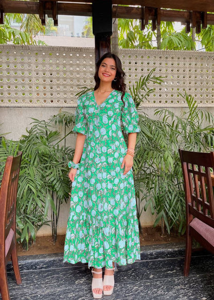Aurevia Women’s Teal Floral Printed Flared Maxi Dress
