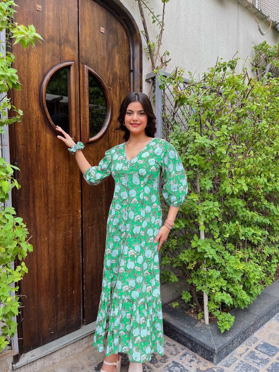 Aurevia Women’s Teal Floral Printed Flared Maxi Dress