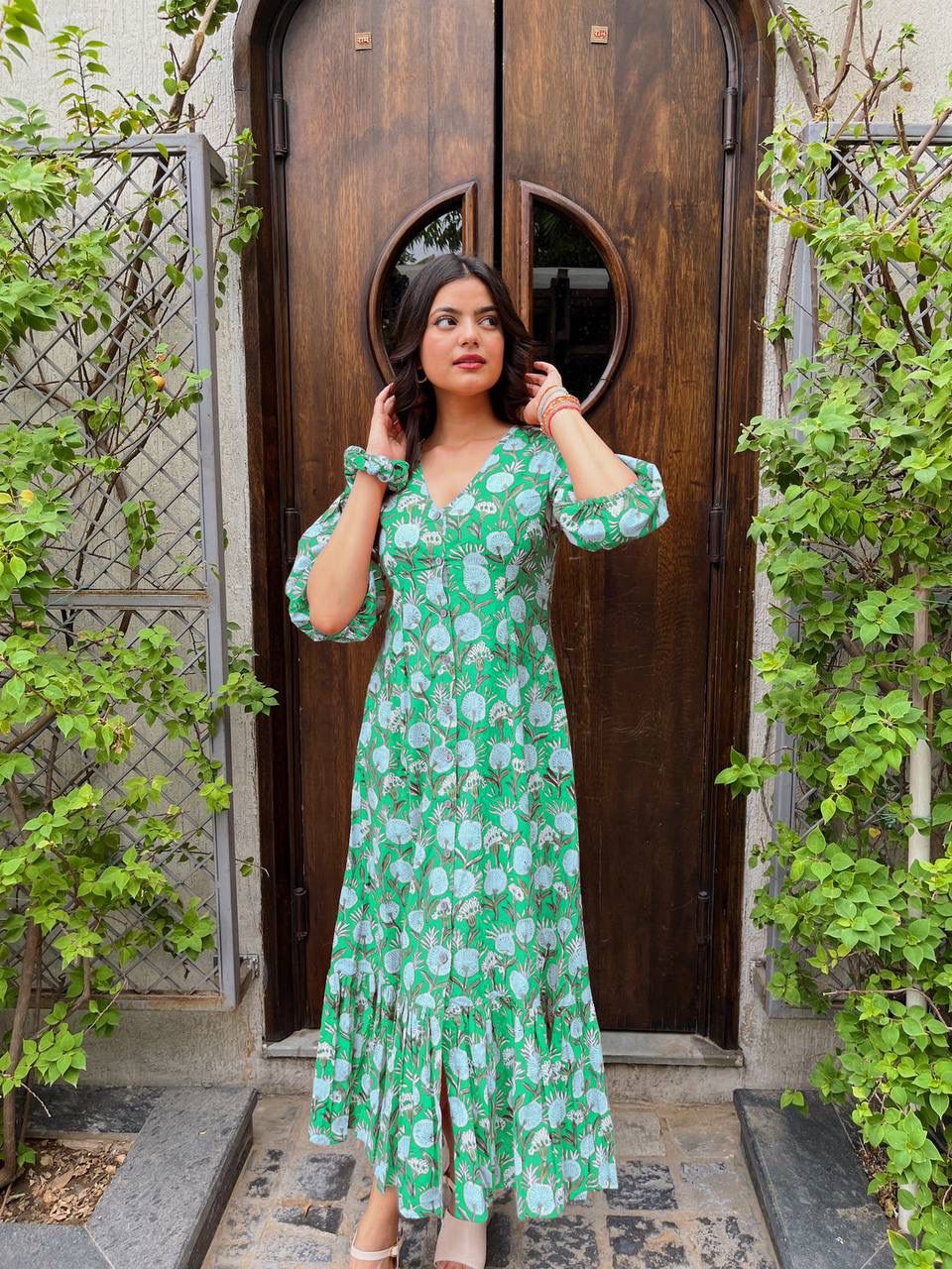 Aurevia Women’s Teal Floral Printed Flared Maxi Dress