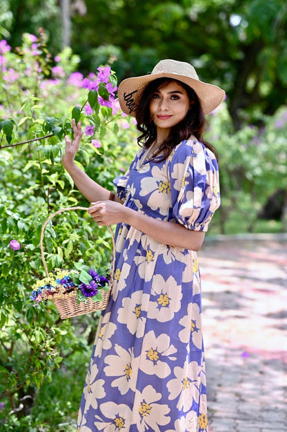 Aurevia Women’s Lavender Floral Printed Flared Maxi Dress