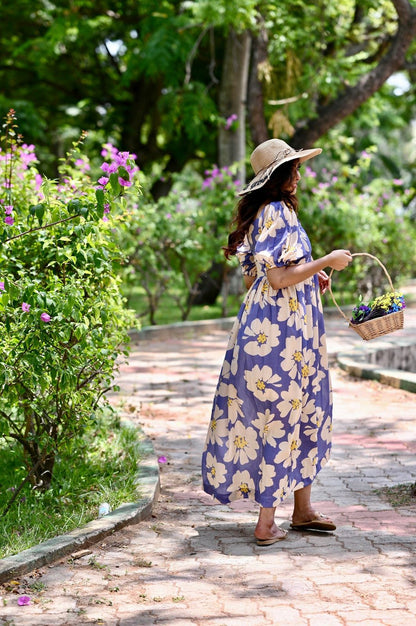 Aurevia Women’s Lavender Floral Printed Flared Maxi Dress