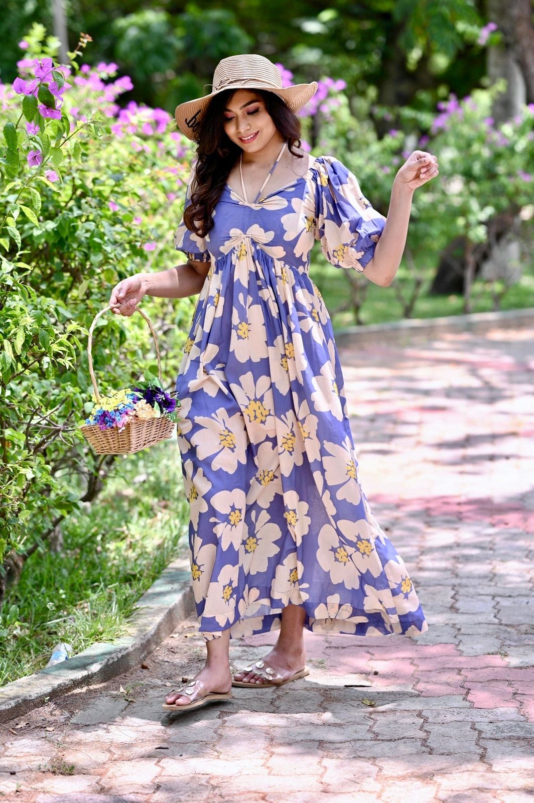 Aurevia Women’s Lavender Floral Printed Flared Maxi Dress