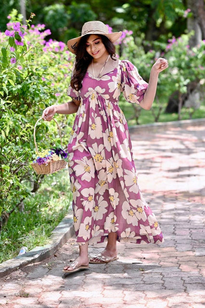 Aurevia Women’s Mauve Floral Printed Puff Sleeve Maxi Dress
