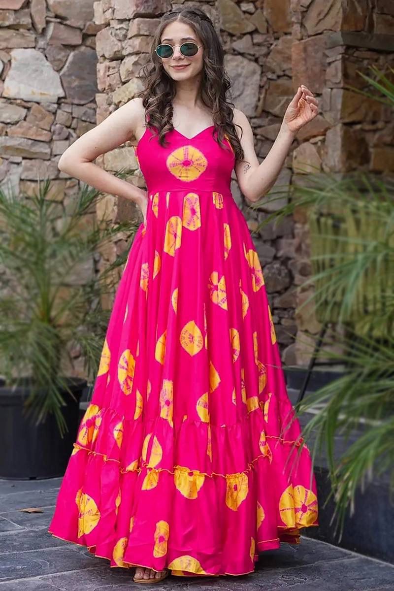 Aurevia Women’s Hot Pink Printed Flared Maxi Dress