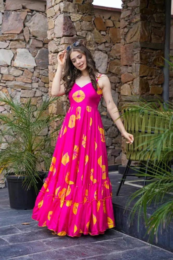 Aurevia Women’s Hot Pink Printed Flared Maxi Dress